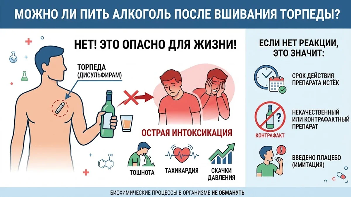 Инфографика: Можно ли пить алкоголь после вшивания торпеды? Объяснение опасности острой интоксикации, симптомов и причин отсутствия реакции на дисульфирам.
